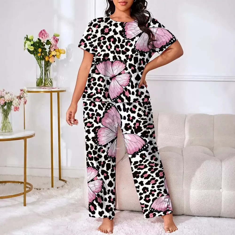 

Women Leopard Printed Short-Sleeved Top & Pants Pajamas Two-Piece Suit Home Wear