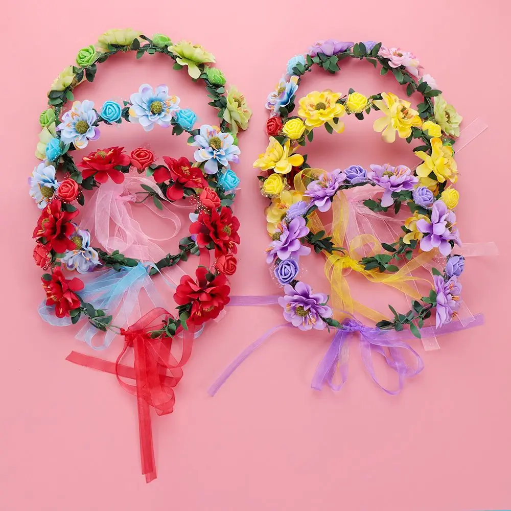 Fashion Bohemia Garland Rose Flower Crown Women Headbands with Adjustable Ribbon Girls Floral Wreath Bridal Halo Headpiece