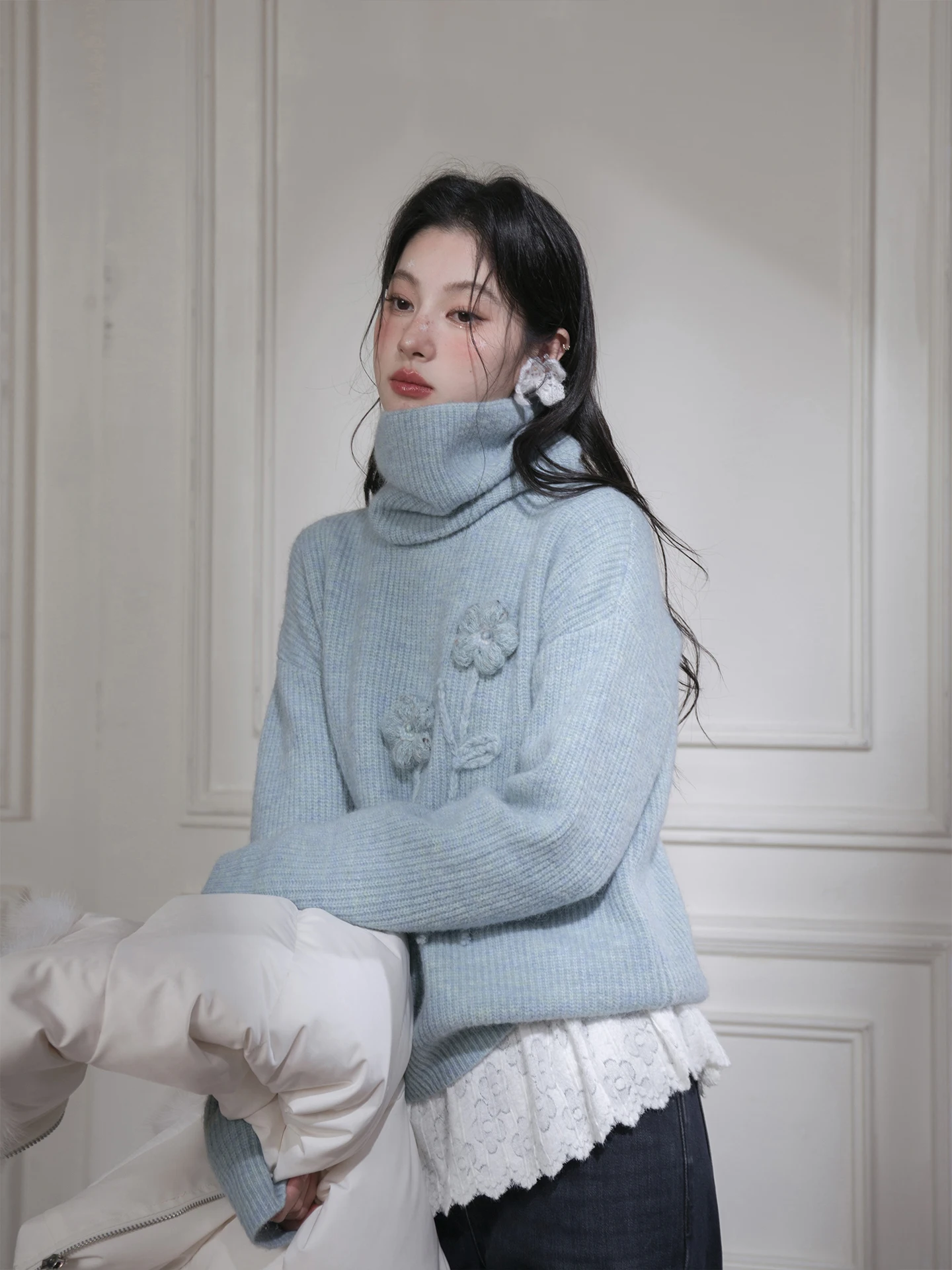 

Свитер COTRE синий, тонкий, с эффектом инея, съемный, шерстяной, ручной работы, с 3D-цветочным узором, повседневный, свободного кроя, с длинными рукавами, женский