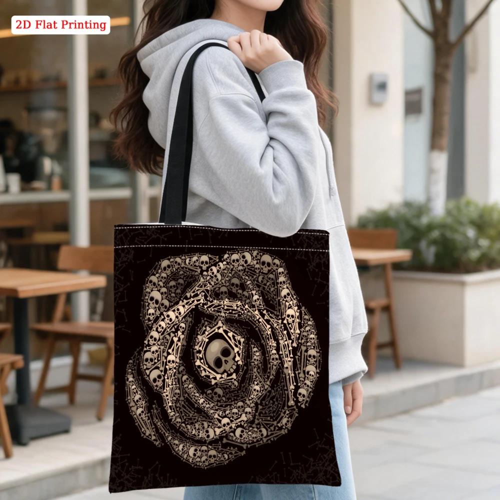 1Pc Gothic Style Shoulder Bag Black Skull Rose Pattern Tote Bag For Daily Shopping Travel Work Study Casual Outing Large Capacit