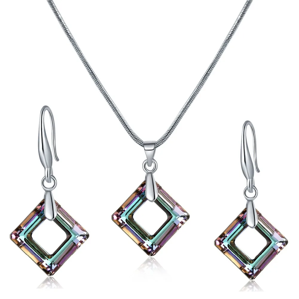 Square Ring Stones Jewelry Sets Genuine Crystal From Austria Silver Color Pendant Necklace Dangle Earrings For Women Accessories