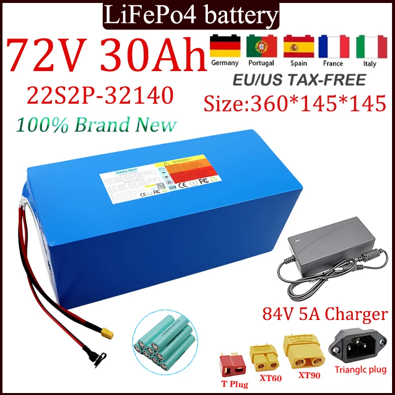 New 72V 30ah LiFePo4 Battery Rechargeable Battery Pack 32140 22S2P Built in BMS 3500W Motor High Power 84V+5A Charger duty-free