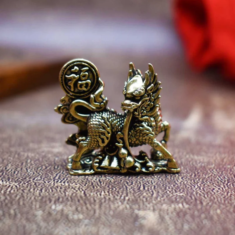 Creative Brass Fu Character Kirin Small Ornament Home Office Copperware Tea Pet Decoration Craft