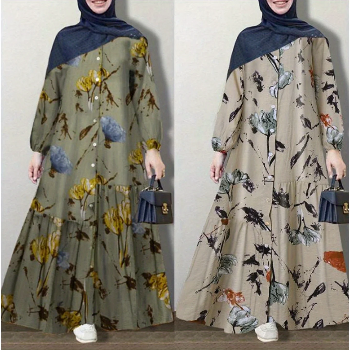 

Long Sleeve Floral Long Dress Muslim Women's Clothes Middle Eastern Splicing Robe Women's Costume Accessories Sets Renaissance