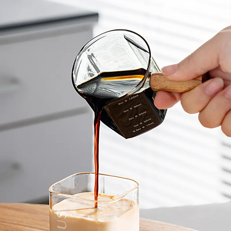 120ml High Borosilicate Glass Espresso Extraction Measuring Cup, Wooden Handle Hexagonal Milk Pot, Coffee Cup Service Can