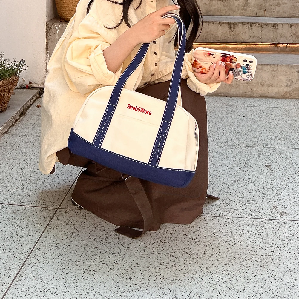 

Women Shoulder Bag Large Capacity Casual Bag Canvas Vintage Armpit Bag Color Clash Simple Female Girls Handbag