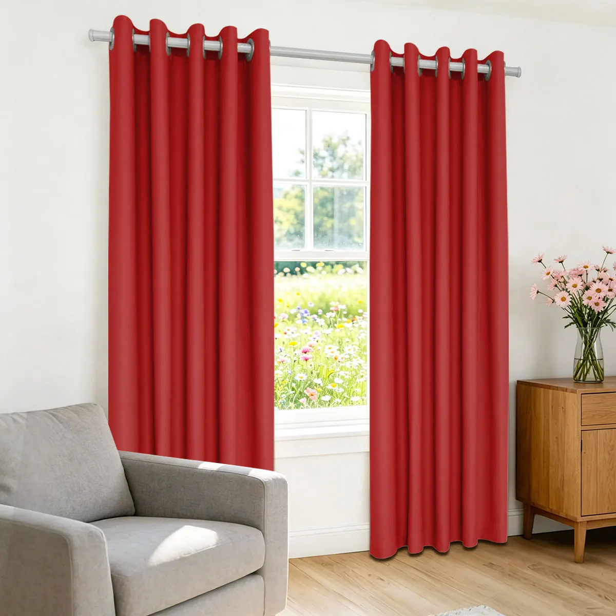 Bright Red High‑Density Blackout Curtains, Grommet Top Light Blocking Window Drapes for Bedroom Living Room, 2 Panels