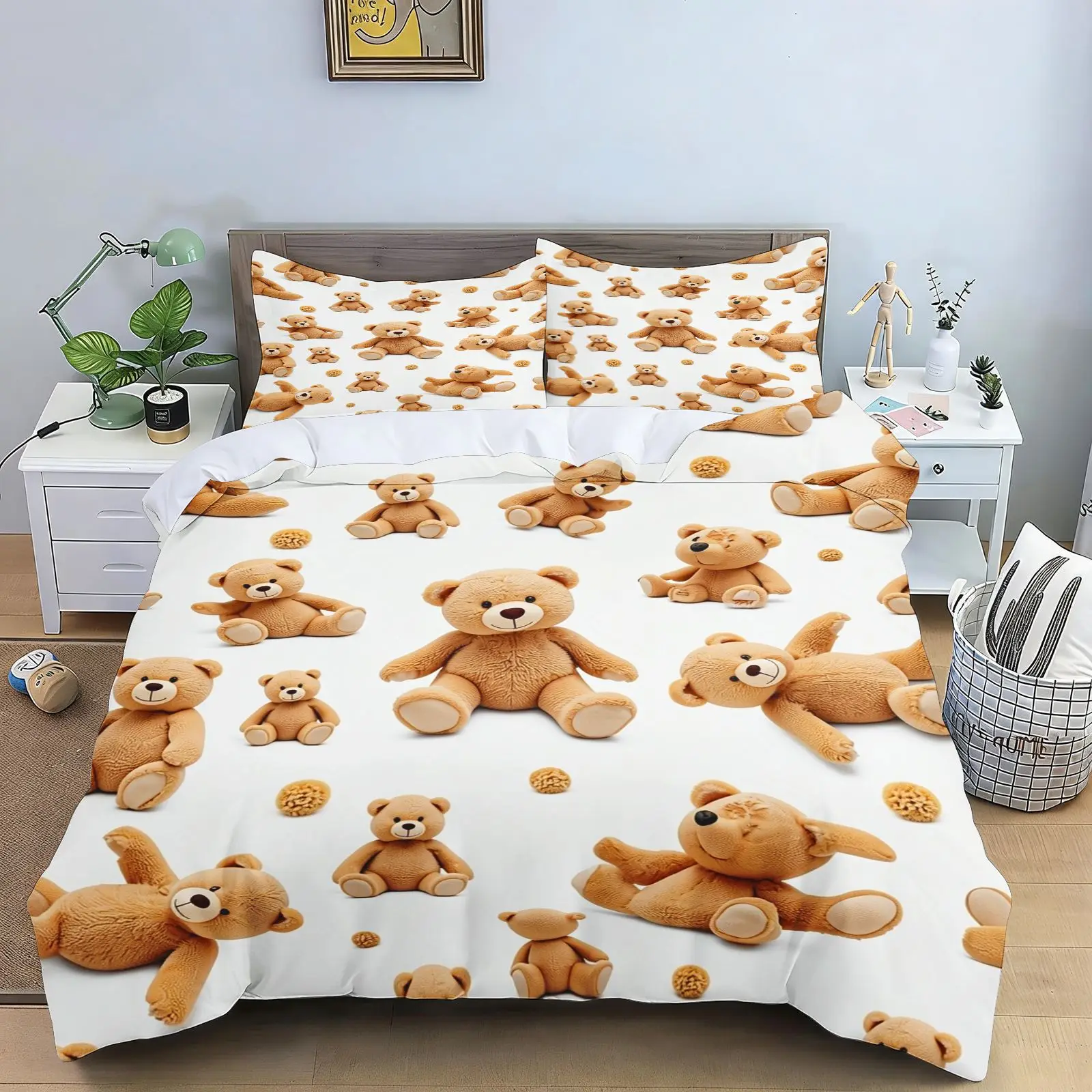 Cute Realistic Teddy Bear Duvet Cover Set 3PCS White Background Cookie Print Kids Bedding Set With Pillowcases