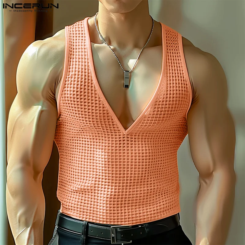 Men Tank Tops Mesh Sleeveless V Neck Transparent Summer Male Vests Streetwear Solid Color 2024 Fashion Men Clothing INCERUN