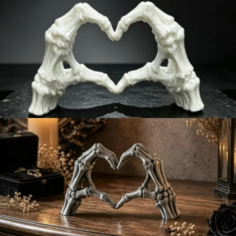 Realistic Spooky Skull Finger Heart Statue 3D Printed Halloween Skeleton Hand Heart Figurine Gothic Dark-Style Home decoration