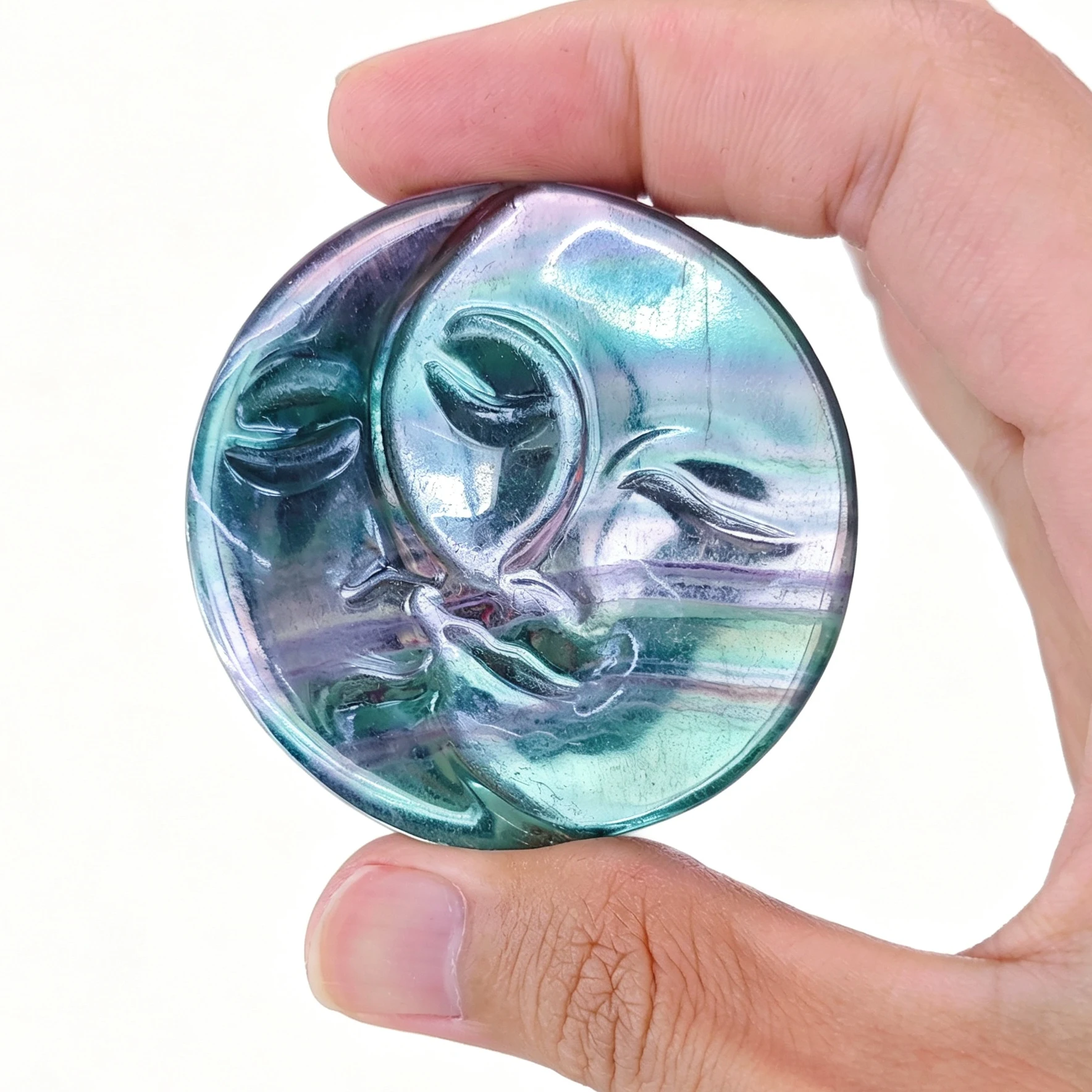 Natural Rainbow Fluorite Carved Sun and Moon Face Figurine Celestial Gemstone Statue Home Office Table Decor Gift