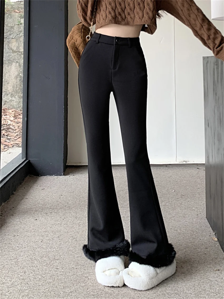 

PLAMTEE Black Slim Plush Flare Trousers Women Chic High Waist 2024 Fashion Spring New Streetwear Work Wear Office Lady Casual