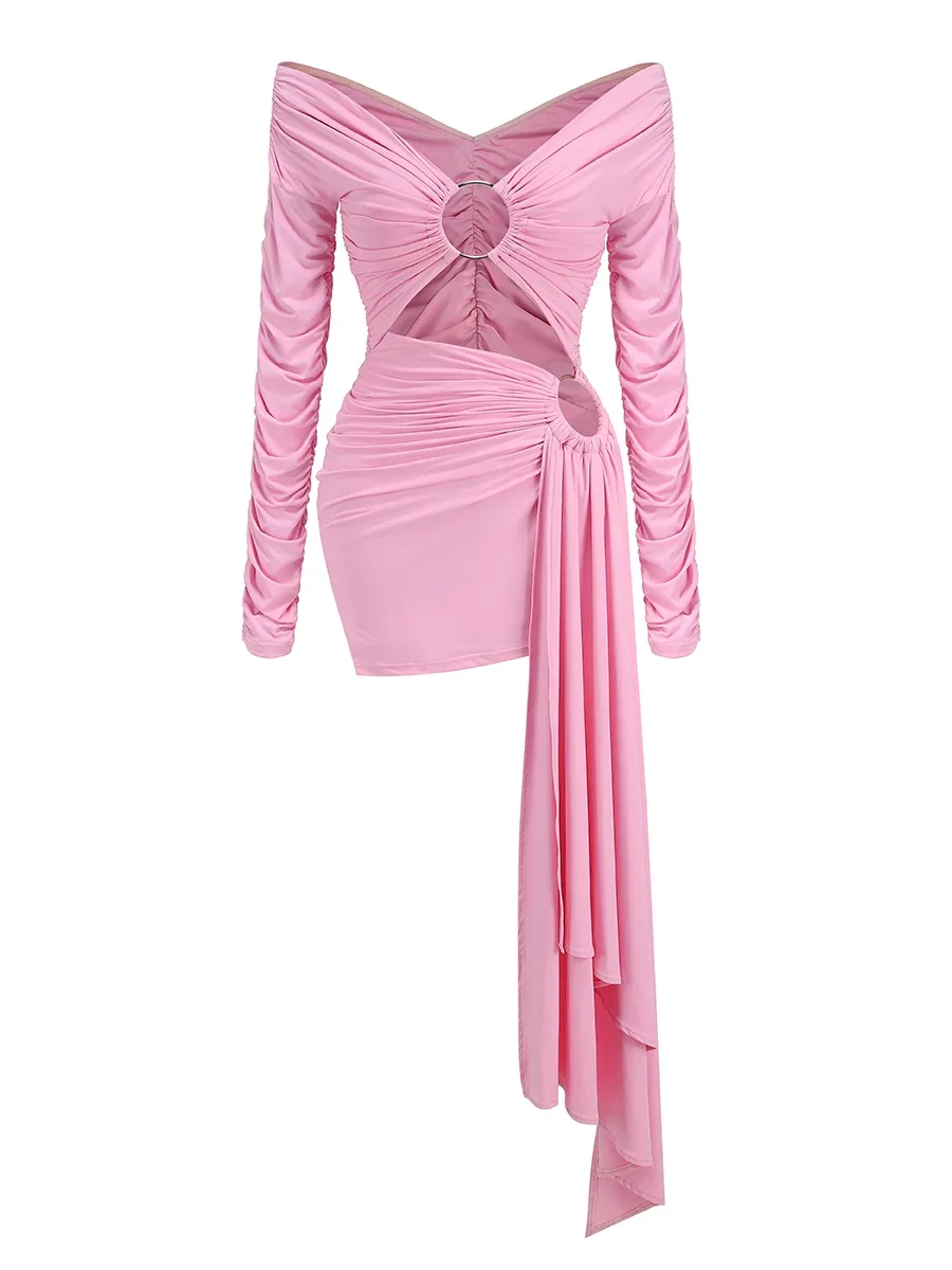 Fashion Pink Prom Gown Birthday Dresses Luxury 2024 Autumn Long Sleeve Party Dress Sexy Hollow Out Evening Gowns Woman Clothes