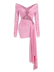 Pink Birthday Dresses Luxury 2025 Autumn Long Sleeve Party Dress Fashion Prom Gown Sexy Hollow Out Evening Gowns Woman Clothes