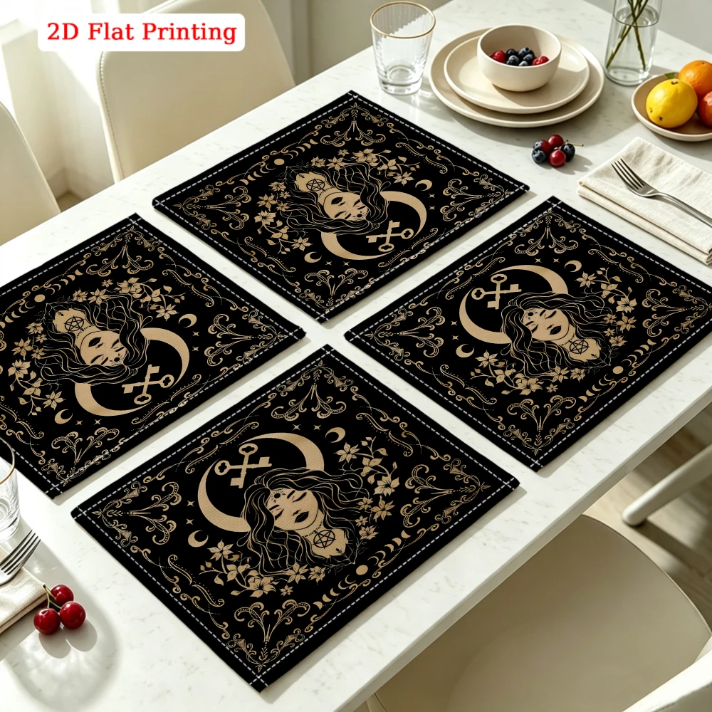 2Pcs Gothic Moon Goddess Placemat Black Celestial Floral Print Table Mat Kitchen Dining Decor Non Slip Heat Resistant 30X40Cm