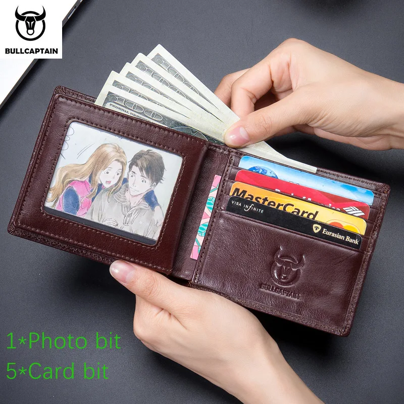 BULLCAPTAIN Men\'s Leather Wallet New Genuine Leather RFID Card Holder Man Wallet Fashion Small Logo Horizontal Photo Frame Clip