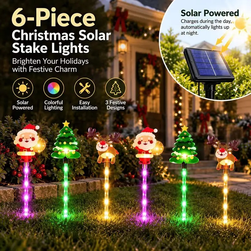 Solar Christmas LED Path Lights Santa Reindeer Xmas Tree Stake Lights Outdoor Waterproof 8 Modes Garden Lawn Patio Holiday Decor
