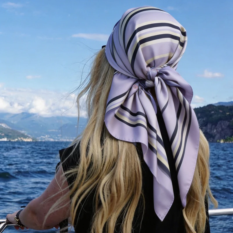

Summer Fresh Stripe Print Square Silk Scarf Soft Satin Bandana for Women Daily Commute Sun Protection Shawl Fashion Hijab Gift