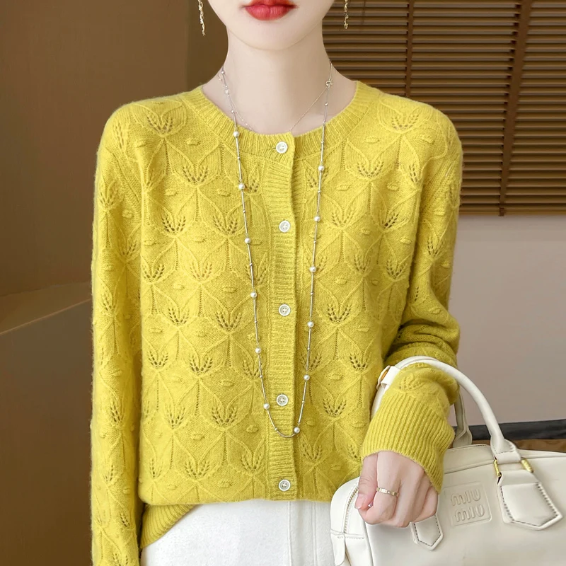 2024 Autumn/Winter New Round Neck Hollow 100% Merino Wool Knitted Cardigan Women\'s Versatile Coat Loose Casual Sweater DMR D281