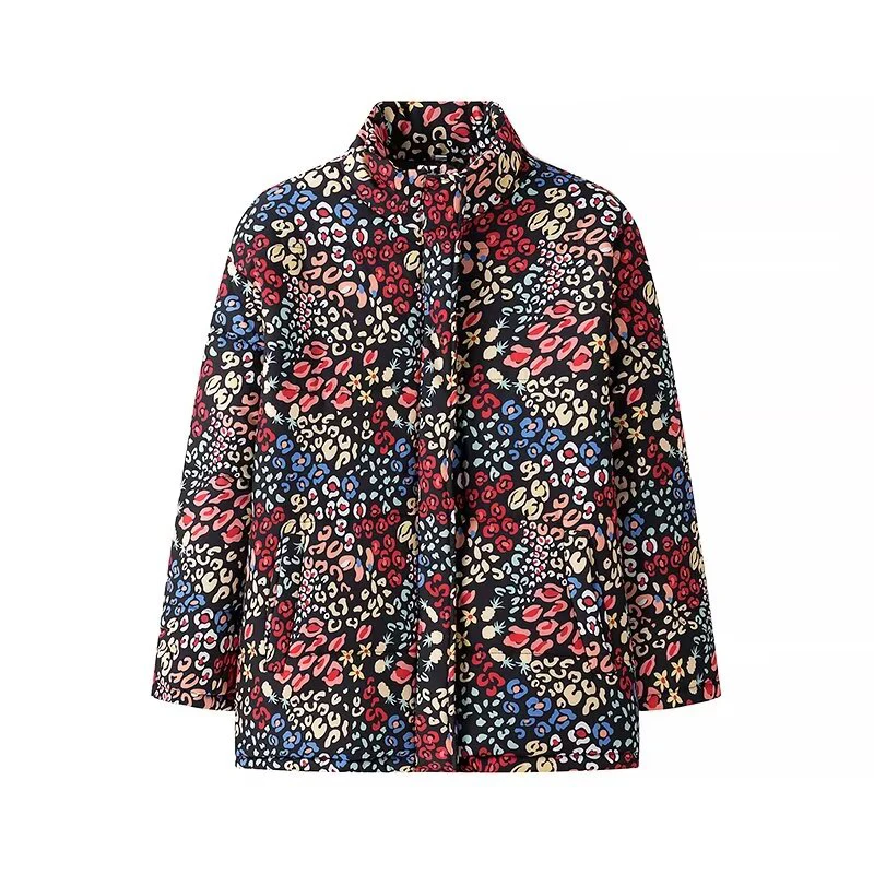 

New Autumn Women Multicolor Print Vintage Jacket Long Sleeve High Neck Female Oversize Outerwear