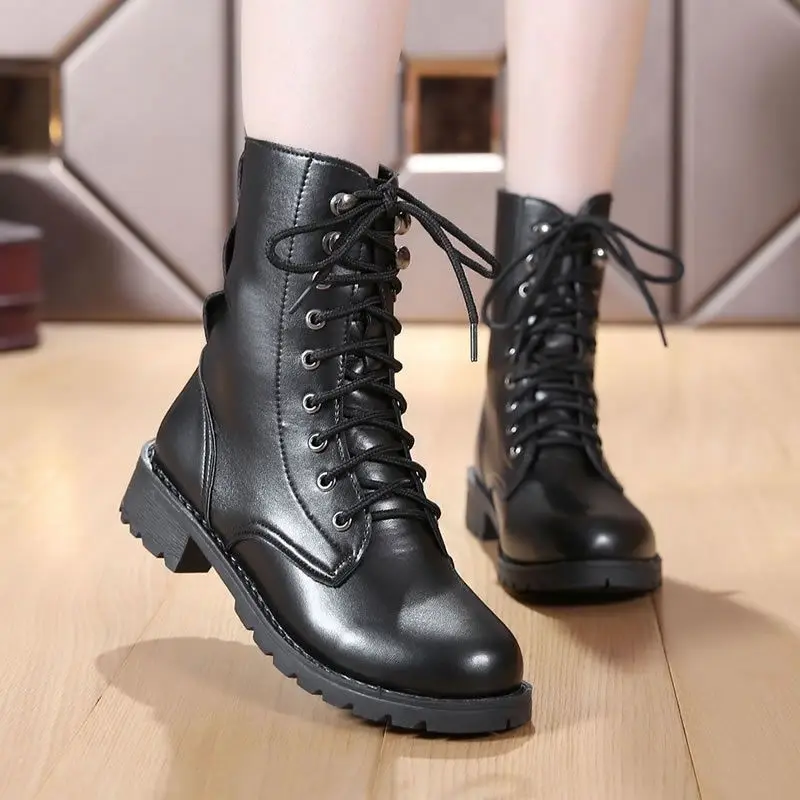 Ladies Boots Elegant with Low Heels Footwear Biker Shoes for Women Mid Calf Black Work Half High Gothic Boot Goth Gyaru Y2k Hot