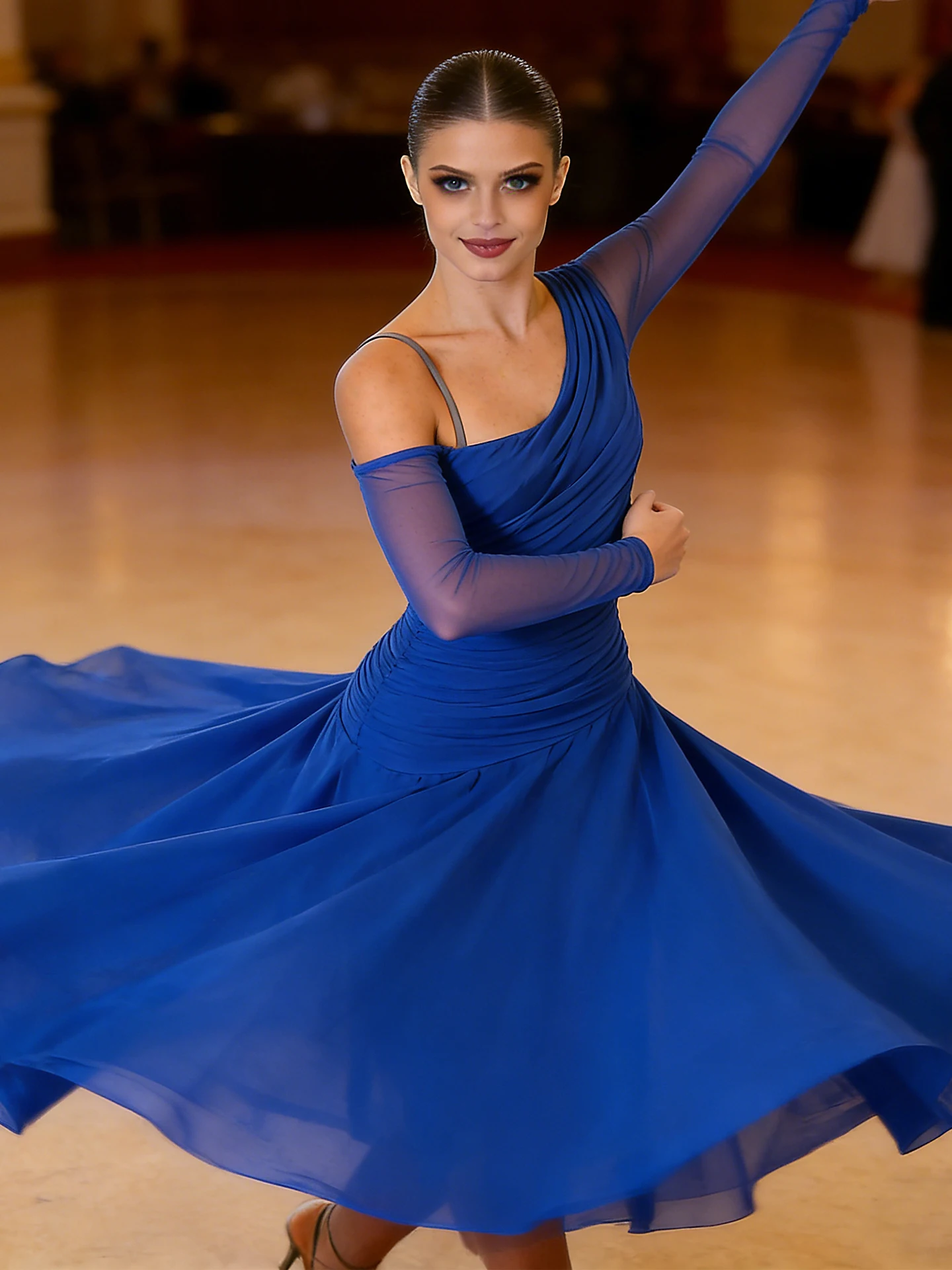 2025 Nuovo vestito da competizione di ballo da sala slim fit pieghettato per le donne Valzer adulto moderno vestito da allenamento per prestazioni di danza XH3926