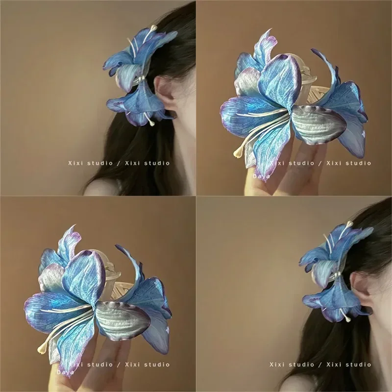 Blue Lily Flower Grasp Clip New Chinese Style Fashion Hairpin Flower Headwear Round Hair Commuter Side Hairclip Hair Accessories