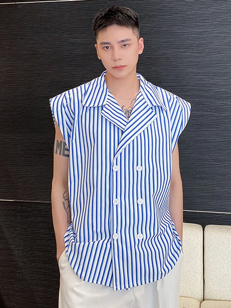 Style Korean Personalized Striped Wide Shoulder Sleeveless Men's Casual Loose Shirt 2022 New Fashionable Tops 2A2015