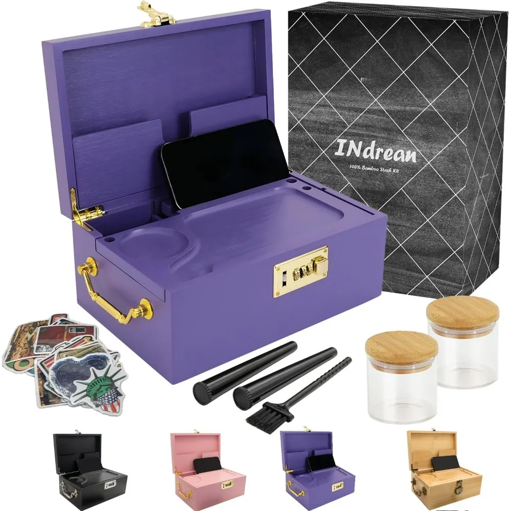 Locking Bamboo Box Gift Set,Purple tool box,2024 Decorative Home Box With Combination Lock,Locking Bamboo Box with Jars,stickers