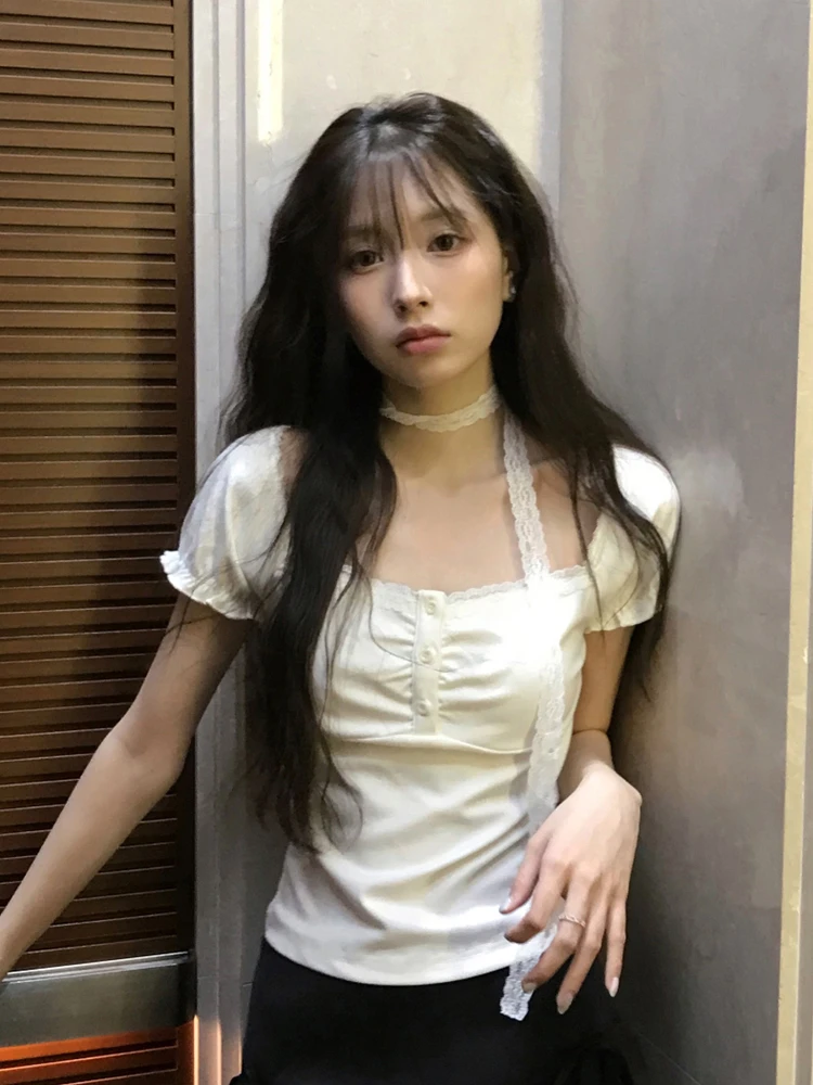 قميص نسائي صيفي أنيق من Amyway بياقة مربعة وأكمام قصيرة مع ربطة عنق، تصميم شبابي مناسب للعمل