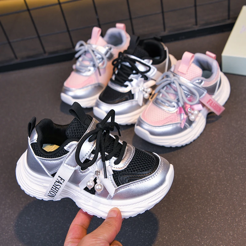 Kids'Casual Shoes PU Leather Pearl Color Blocking Autumn Sports Shoes For Children Anti-slip Breathable Pink Black Size 26-37