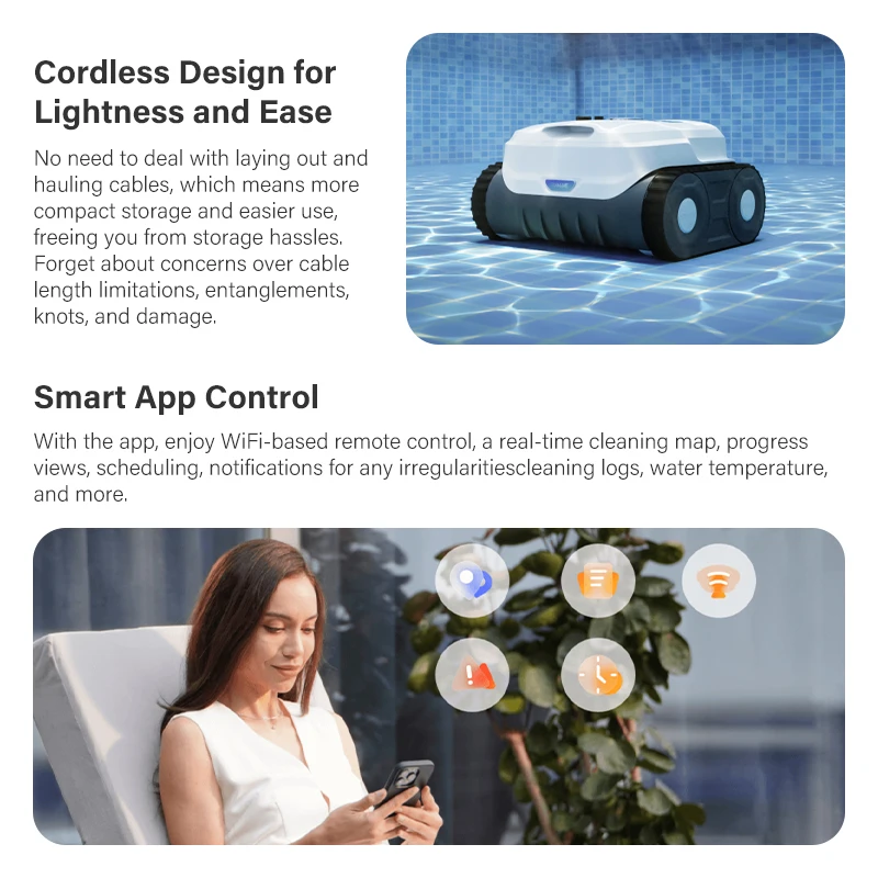 

Cordless Robotic Pool Cleaner With Wifi App Control - Automatic Wireless Vacuum Robot For Swimming Pool Floor & Wall Cleaning