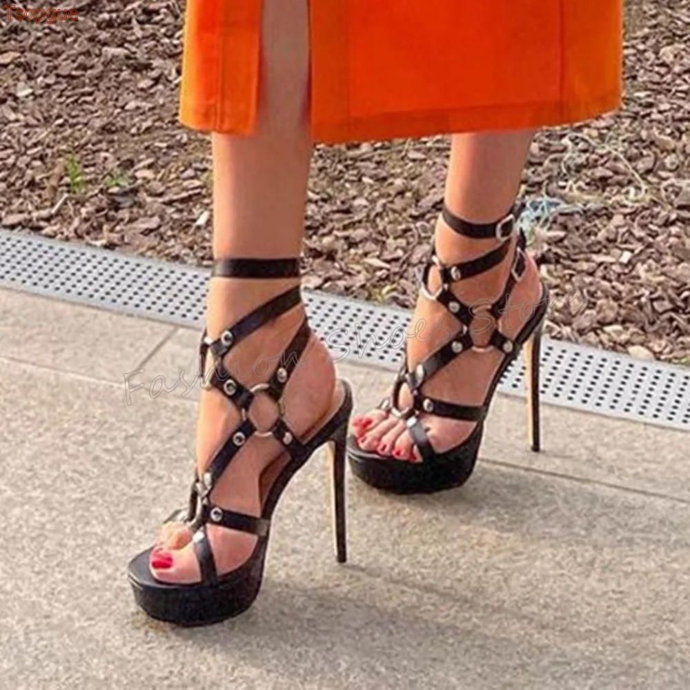 

Black Metal Ring Decor Platform Sandals Ankle Buckle Thin High Heels High Heel Shoes for Women Heels 2025 New Zapatos Para Mujer