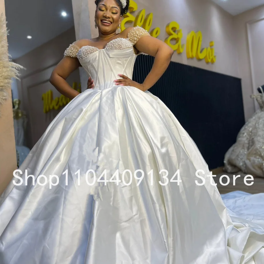 Vestidos de novia africanos de princesa con hombros descubiertos, cola de catedral con perlas, corsé deshuesado, Top de jardín, vestido de Bridalo Chuch personalizado