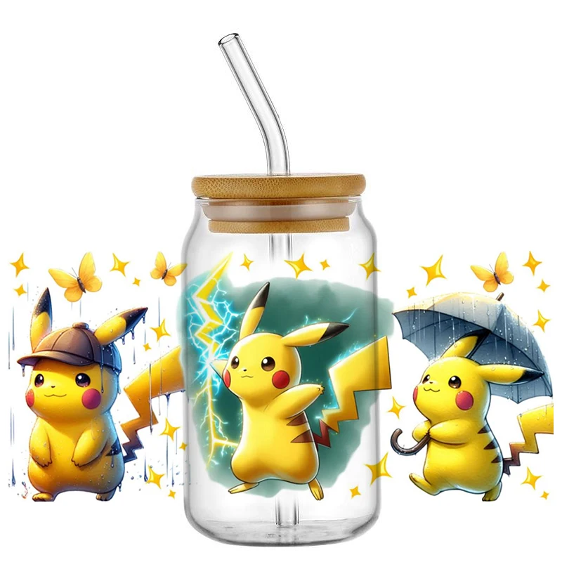 

Miniso Pokemon Series UV DTF Cup Wrap For 16oz Libbey Coffee Glass Pikachu Pattern 3D Sticker Cup Wraps