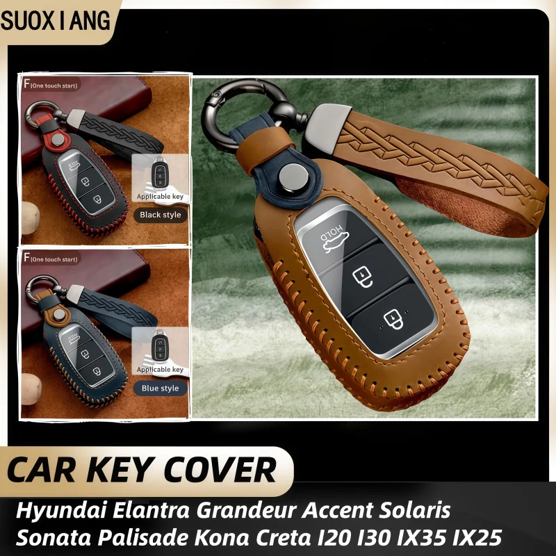 

Leather Car Key Case Cover Keychain for Hyundai I30 Ix35 KONA Encino Solaris Azera Grandeur Ig Accent Santa Fe Palisade
