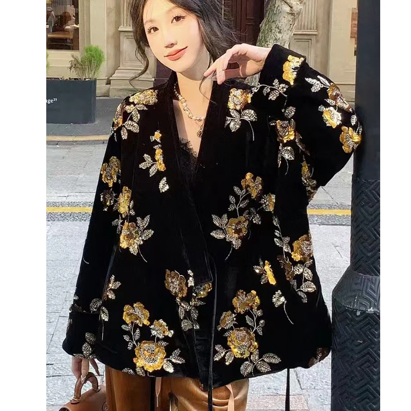 V-neck Velvet New Chinese style White Duck Down Down Jacket  Winter New Embroidered Sequin Retro Women's Jacket S-XL