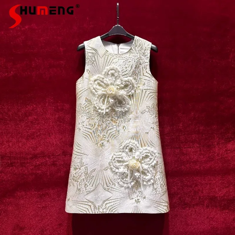 

High-end Exquisite Handmade Three-dimensional Flower Luxury High-end Sense Vestido Thin Sleeveless A-line Dress 2024 New Clothes