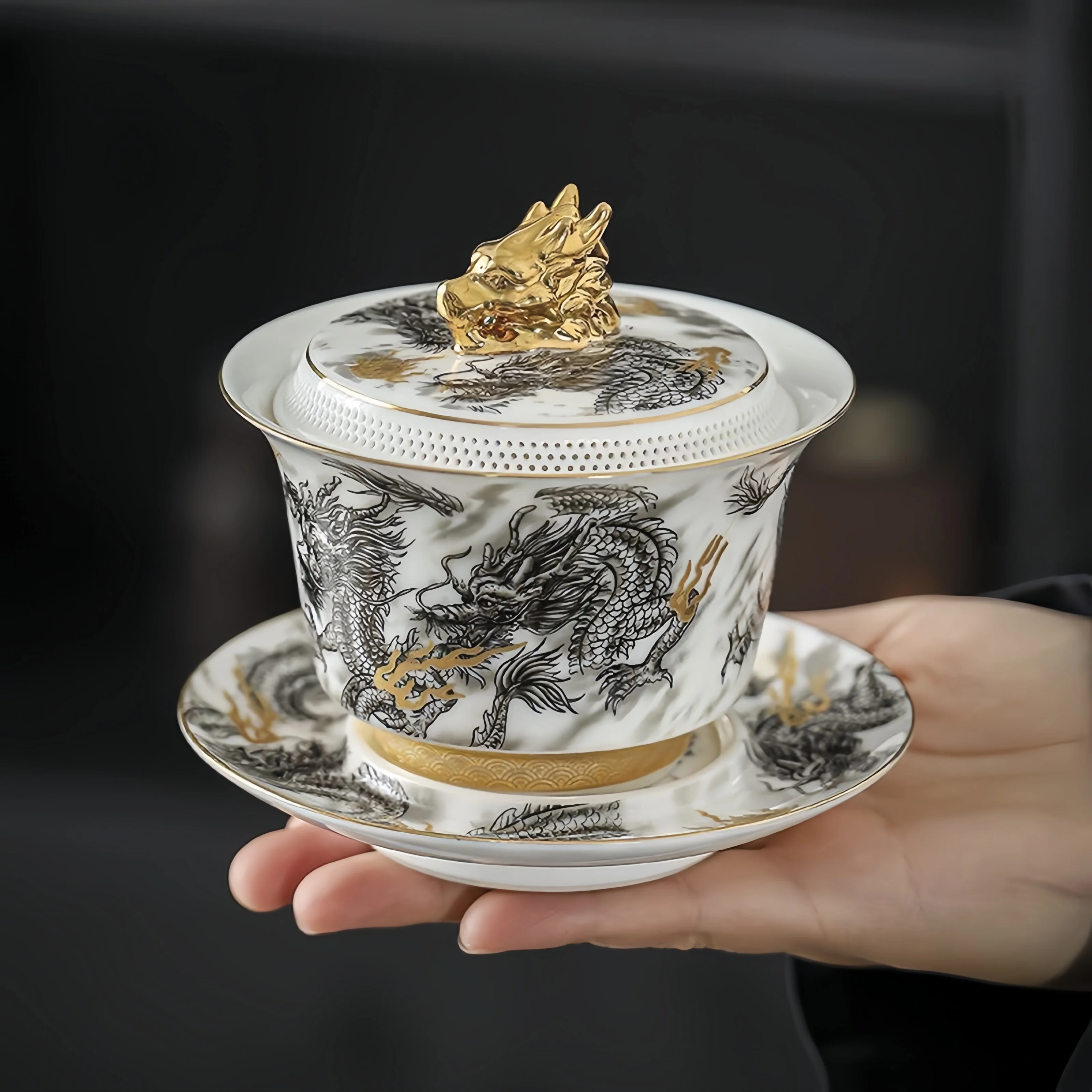 Chinese Dark Dragon White Sheep Fat Jade Porcelain Gaiwan 360° Water Outlet Gold Painted High-end Retro Tea Bowl