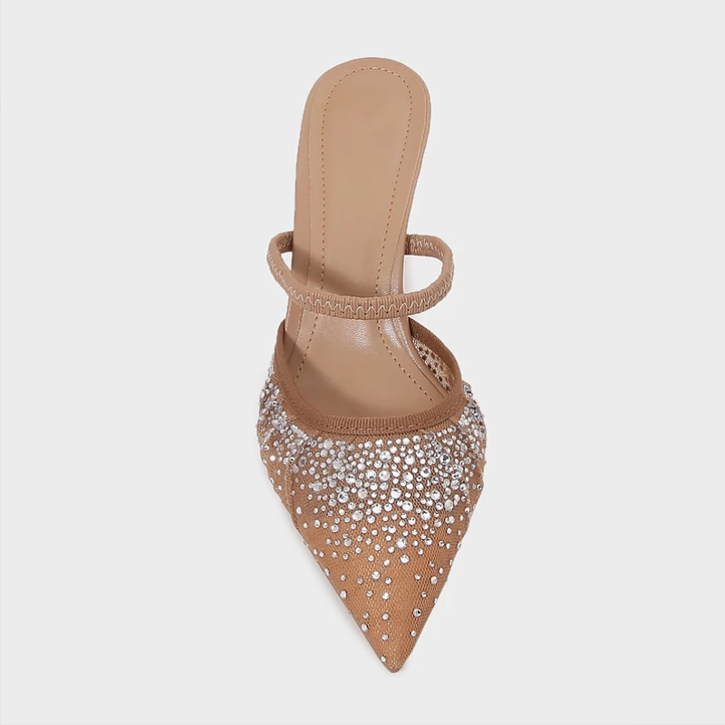 2025 Summer Women Pointed Toe High Heels Sandals Sexy Mesh Shiny Rhinestones Elegant Party Wedding Slingback Ladies Shoes