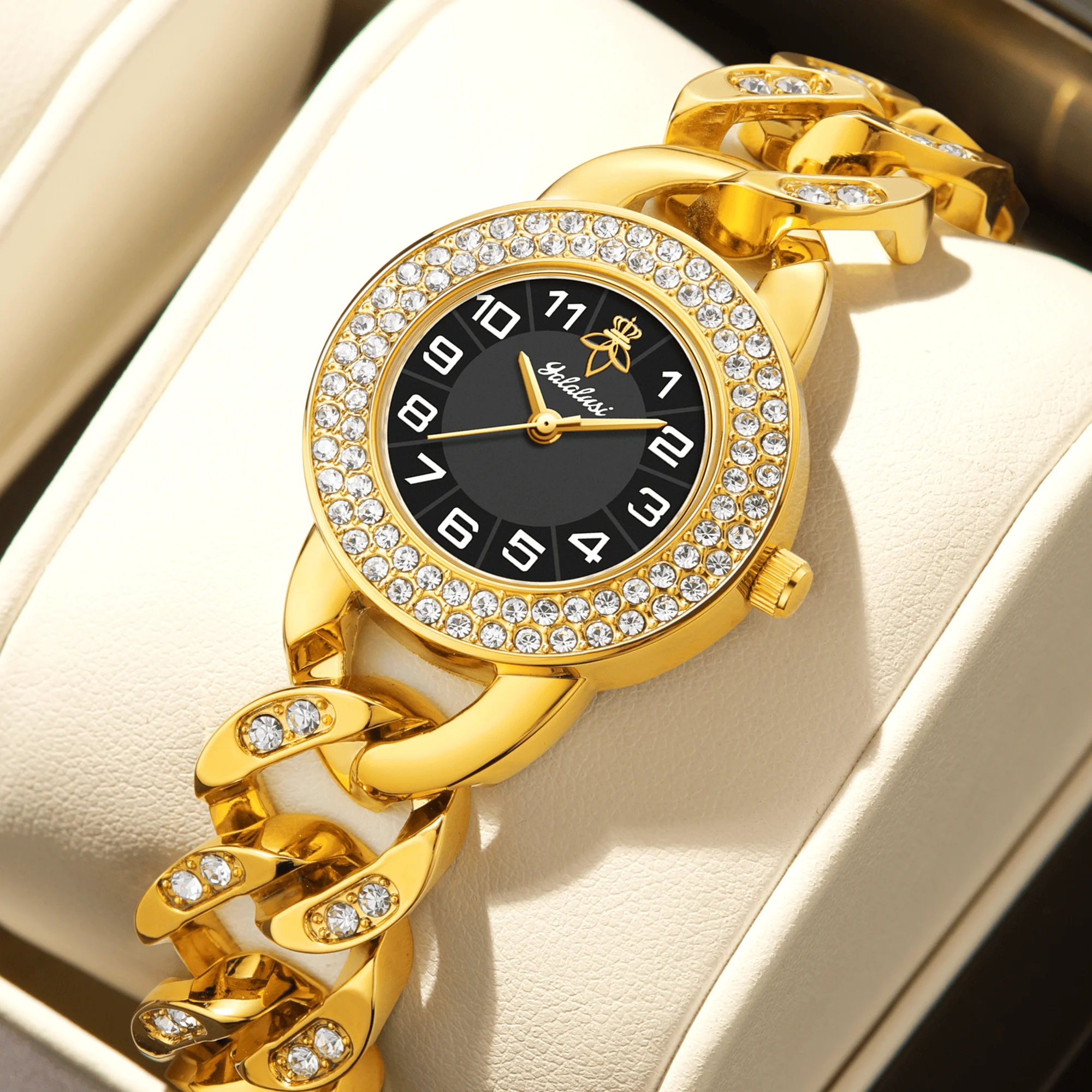 

Часы YaLaLuSi с золотым корпусом и стразами, женские и мужские, роскошные, модные, водонепроницаемые, спортивные, кварцевые, наручные часы, подарочная коробка, бесплатная доставка