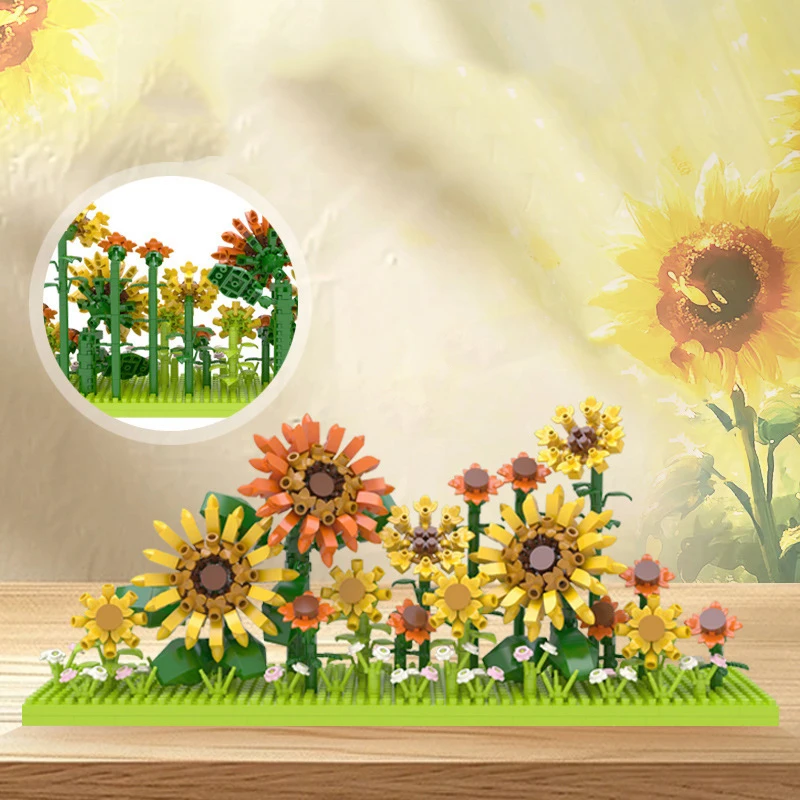 

Idea Flower World Construction Building Brick Sunflower Sunsets Mini Block Desktop Cloud Mirror Toys With Light For Girls Gifts