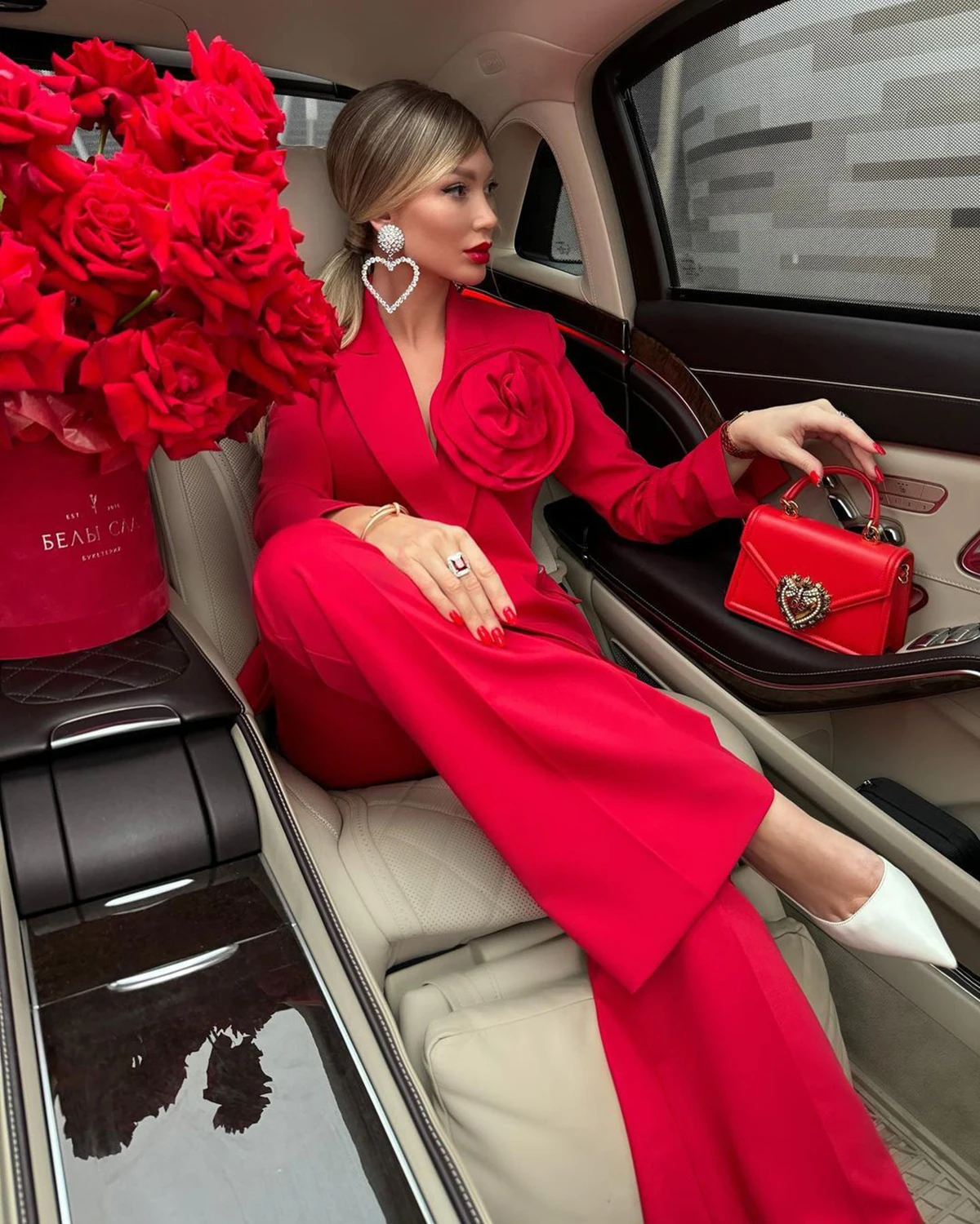 

Red Women Office Suits Set Customized 2 Pieces Blazer+Flare Pants 3D Flower Formal Business Cotton Prom Jacket Trousers