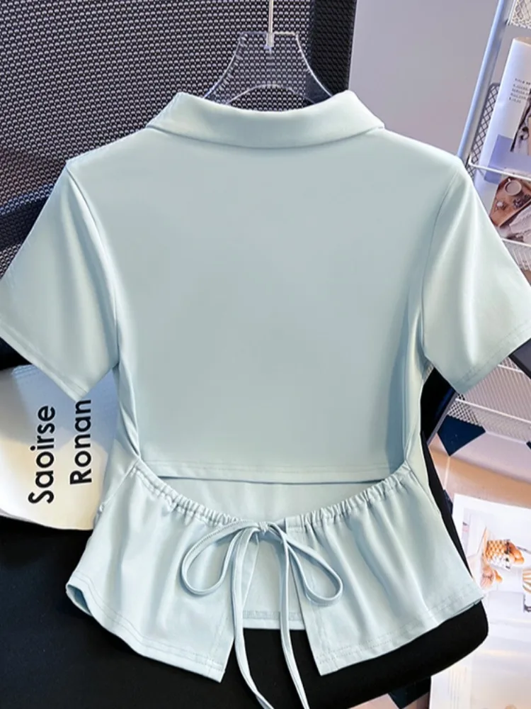 추천 셀프케어 irt ort Sve 턴다운 칼라 여성 여름 디자인 배 노출 벨티드 ort 탑 한국 스타일...