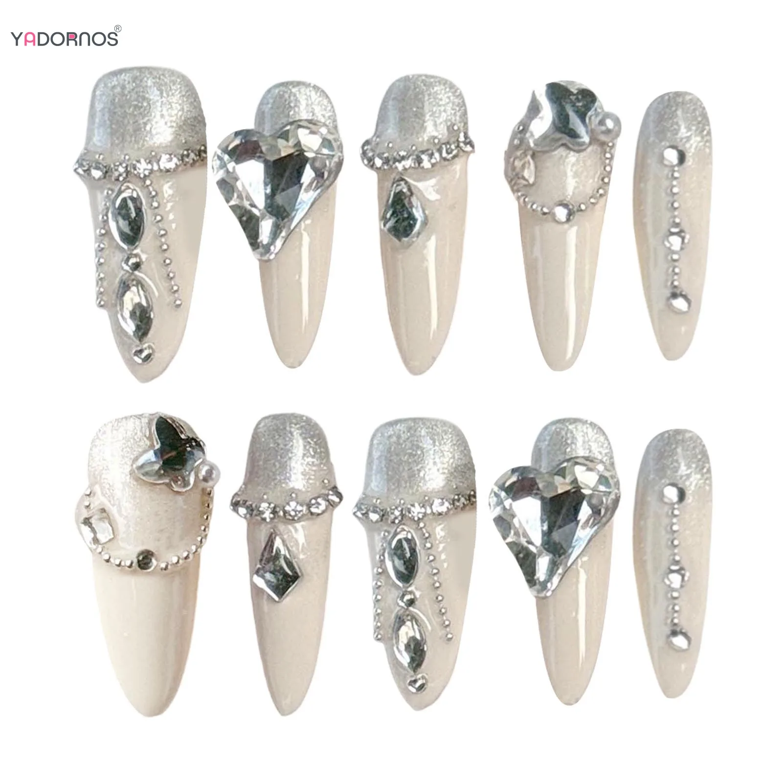 Uñas postizas hechas a mano para mujer y niña, Uñas postizas de color blanco y almendra larga, diseños brillantes de diamantes de imitación, manicura usable diaria, 10 piezas