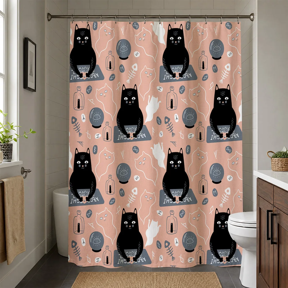 Whimsical Cat Shower Curtain Waterproof Bathroom Decor Cute Cat Lover Gifts Halloween Skeleton Print Shower Curtain Liner Home A
