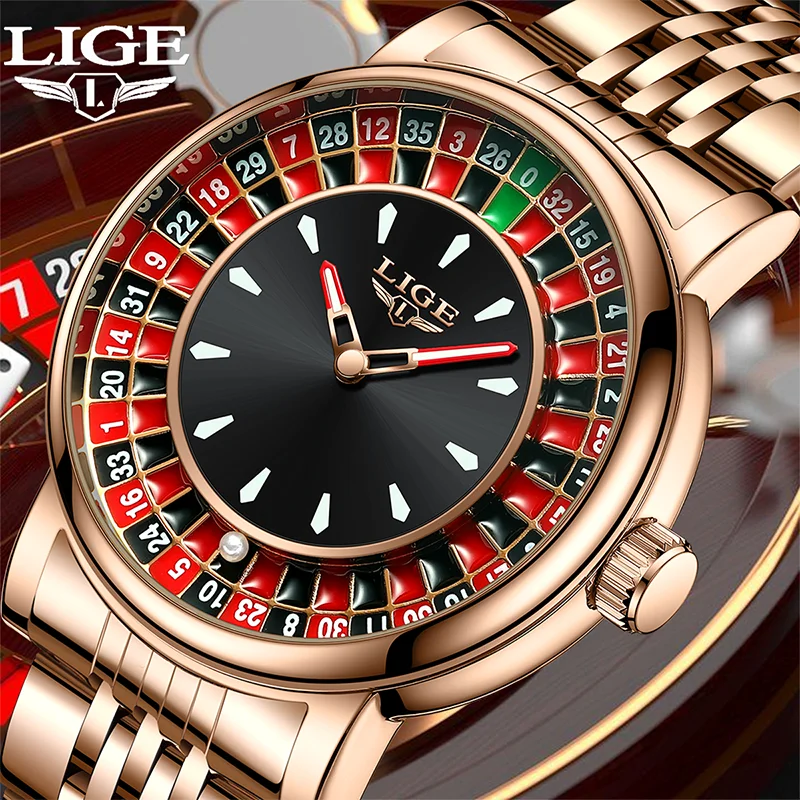 

Мужские часы LIGE, модные, роскошные, креативный дизайн циферблата в виде рулетки, стальные, повседневные, водонепроницаемые, кварцевые, для мужчин, подарок + коробка