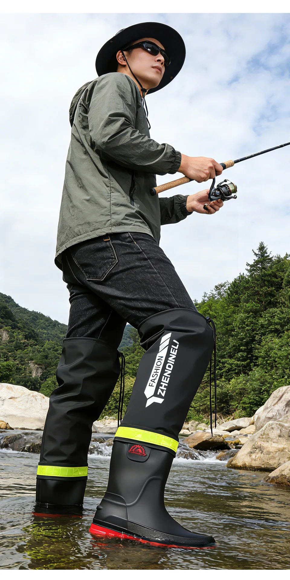 Herren Überknie-Wathosen in Übergröße, Rutschfeste Wasserdichte Schuhe, Lange Outdoor-Hosen, Herren-Regenschuhe – Detail 13