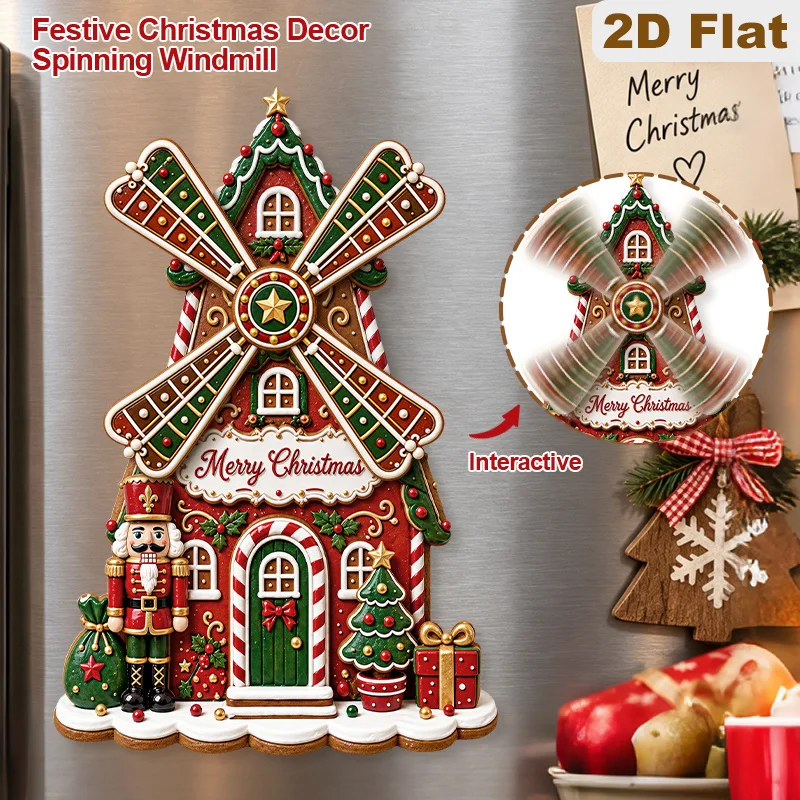 1PC 2D Flat Wooden Christmas Nutcracker Soldier with Windmill And Gingerbread House Interactive Spinning Fridge Magnet