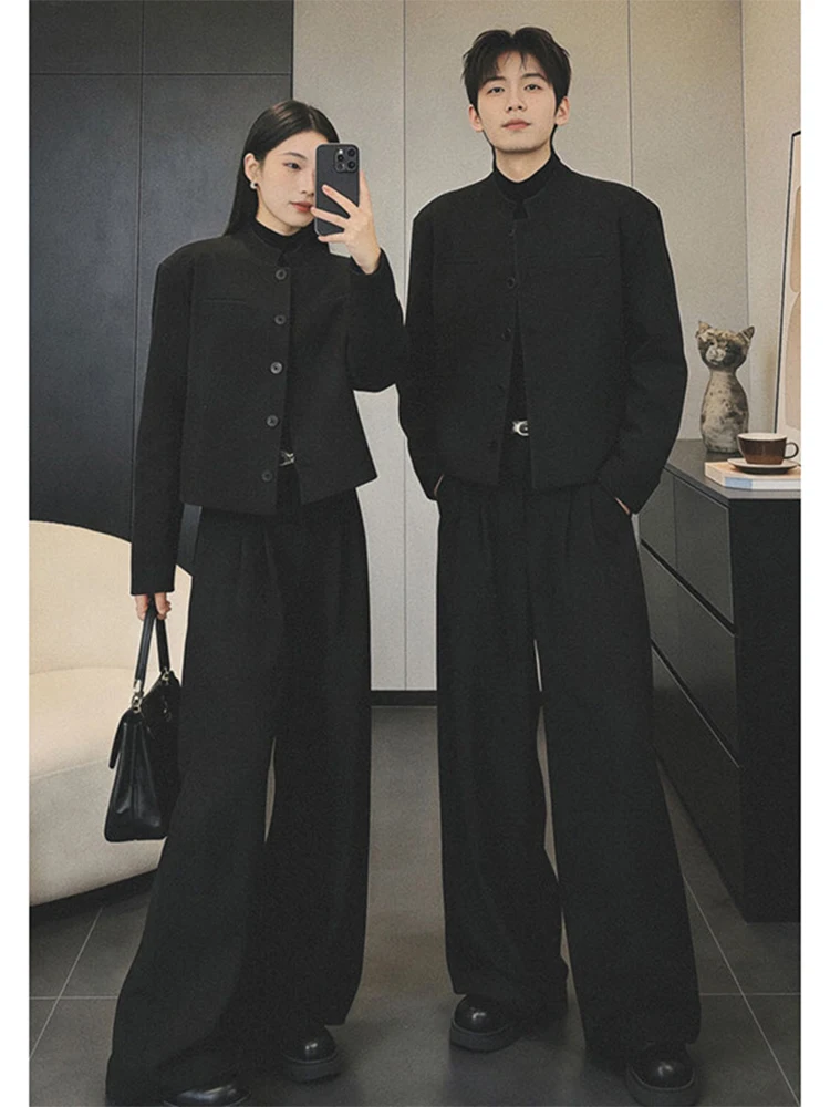 

New Chinese Style Black Men's Suit Set Chic Korean Summer Fashion Casual Sportswear Long Pants Full Set Coat And Pants
